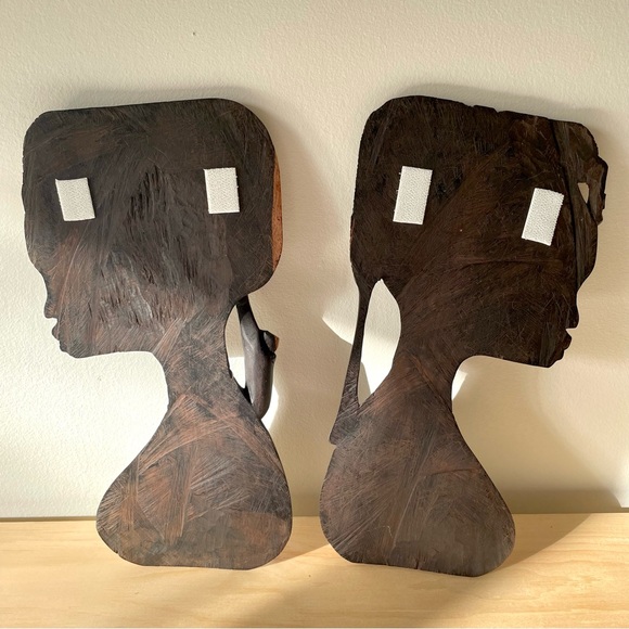 12” Tanzanian Ebony Carving Couple Pair Wall Relief Faces Masks - Picture 5 of 6